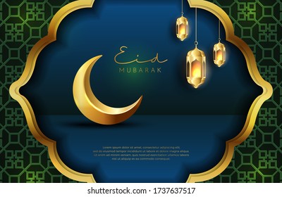 Eid mubarak background in luxury style. Vector illustration of dark blue islamic design with gold lantern and crescent moon for Islamic holy month celebrations. Islamic holiday festival celebration