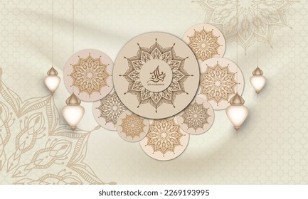 eid mubarak background with mandala  and lantern for background, greeting card , poster