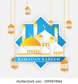 eid mubarak background with modern style, ramadan kareem, lantern, moon, islamic religion theme