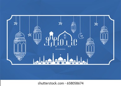 eid mubarak background with moon, star, mosque and line art style, Traditional lantern line art