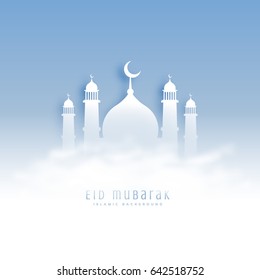 eid mubarak background with mosque and clouds