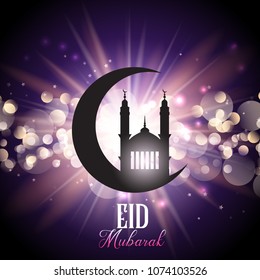 Eid Mubarak background with mosque in crescent 