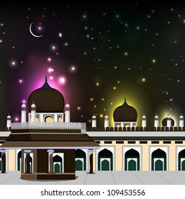 Eid Mubarak Hintergrund mit Moschee und Masjid und glänzender Mond in der Nacht. EPS10.