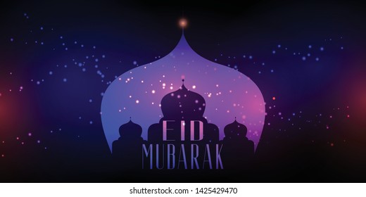 Eid Mubarak background with mosque silhouette on bokeh lights design
