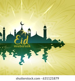 eid mubarak background with mosque with water reflection