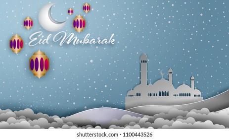 Eid Mubarak Background, Paper Cut Style