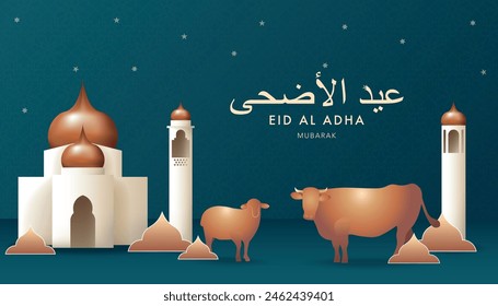 Eid Mubarak Hintergrundplakat mit arabischem Gebäude, Schaf, Stier und Wolken in der Nacht. Ramadan, Islamisch, Arabischer Hintergrund, Muslimische Gemeinschaft Vorlage, Vektorillustration für Poster, Vorlage, Sale.