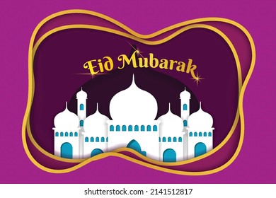 Eid mubarak background purple color with paper art mosque