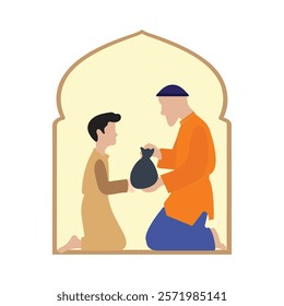 Eid Mubarak Background, Ramadan Mubarak, Muslim Man Giving Foods Donation To Poor People vector Illustration.