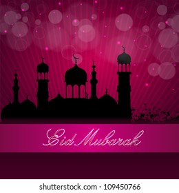 Eid Mubarak fundo com silhueta Mesquita e Masjid no fundo rosa. EPS 10.