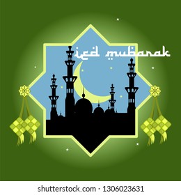 Eid mubarak background with silhouette of mosque