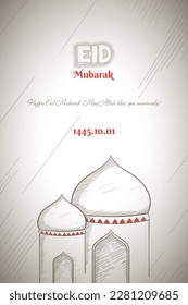 Eid mubarak background with simple mosque in cartoon hand drawn design