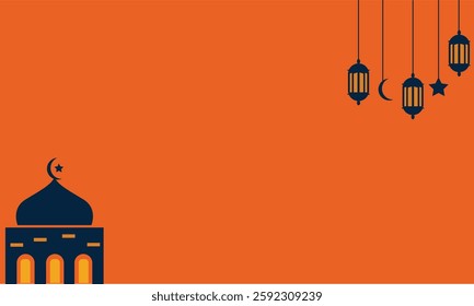 An Eid Mubarak background with space for text, featuring an illustration of a mosque and lantern. Ideal for Eid Mubarak or Ramadan-themed designs