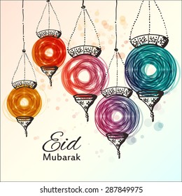 Eid Mubarak background. Eid Mubarak - traditional Muslim greeting. Festive hanging arabic lamps. Greeting card or invitation for Muslim Community events. Vector illustration