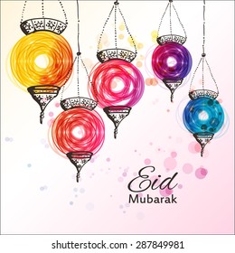 Eid Mubarak background. Eid Mubarak - traditional Muslim greeting. Festive hanging arabic lamps. Greeting card or invitation for Muslim Community events. Vector illustration.