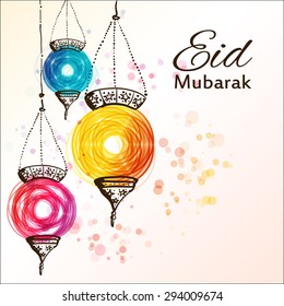 Eid Mubarak Hintergrund.Eid Mubarak - traditioneller muslimischer Gruß. Festliche hängende arabische Lampen. Grußkarte oder Einladung für Veranstaltungen der Moslem Community. Vektorgrafik.