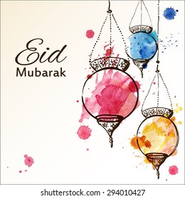 Eid Mubarak background. Eid Mubarak - traditional Muslim greeting. Festive hanging watercolor arabic lamps. Greeting card or invitation for Moslem Community events. Vector illustration.