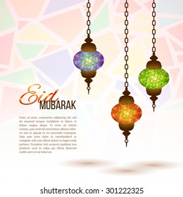 Eid Mubarak background. Eid Mubarak - traditional Muslim greeting. Blue, red and green shining glass lanterns. Festive hanging Arabic lamps. Decorations for greeting or invitation card. Vector