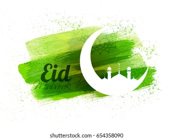 Fondo de Eid Mubarak con luna blanca y mezquita en trazos abstractos de pincel verde.