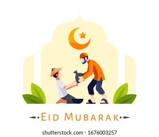 Eid Mubarak Background With Young Moslem Man Giving Foods Donation To Poor People Illustration Vector