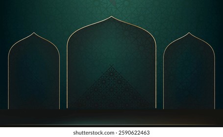 Eid Mubarak Background,Islamic design of arabic pattern with window gold frame decoration on green podium background,Vector for Eid al fitr,Eid al Adha,Eid Mubarak,Muharram card