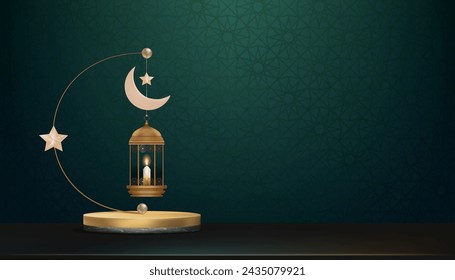 Eid Mubarak Hintergrund, Islamisches Podium mit traditioneller Laterne mit Halbmond, Stern auf grünem Hintergrund, Vektor-Religion der muslimischen Symbolik, Eid al fitr, Ramadan Kareem, Eid al Adha, Muharram