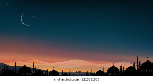 Eid Mubarak background,Silhouette Dome Mosques at night, crescent moon blue sky,Vector Arab family,Muslim caravan riding camel going through the sand dunes,Islamic religions, Eid al-Adha, Eid al-fitr