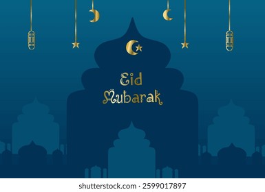 Eid Mubarak banner in Arabic typography. Eid Mubarak means: we wish you a happy Eid.