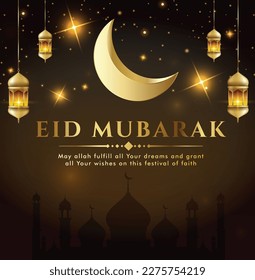 Eid Mubarak banner background. Eid Islamic holiday design templates with gold crescent moon.