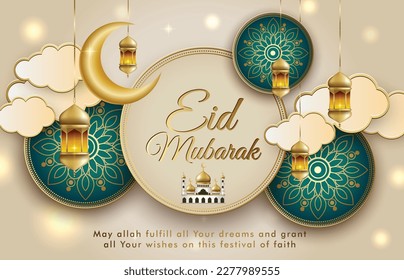 Eid Mubarak banner background. Eid Islamic holiday design banner with gold crescent moon and decorative elements.