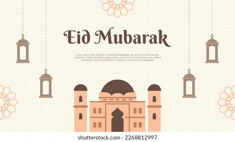 Eid mubarak banner background with mosque and lanterns.