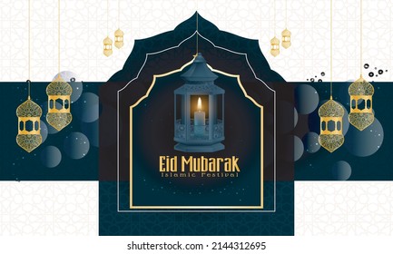 Eid Mubarak  Banner beautiful Ramadan Kareem greeting card design with mandala art Islamic calligraphy, background with beautiful lanterns mosque Miner and Islamic Arabic