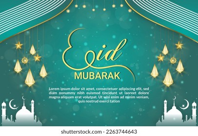 eid mubarak banner with beautiful shiny light luxury islamic ornament and abstract green background design