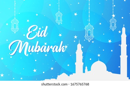 Eid mubarak banner blue back ground with mosque and lamp gradient  blue