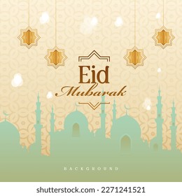 Eid Mubarak Banner Design Mosque Paper Cut Style Gold Green Pastel Color