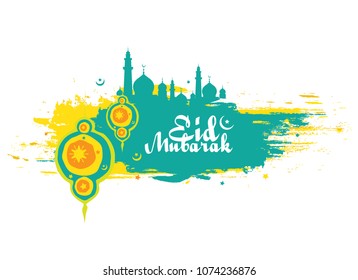 Eid Mubarak Banner Design on Abstract Brush Strokes Background with Stars, lantern, Mosque