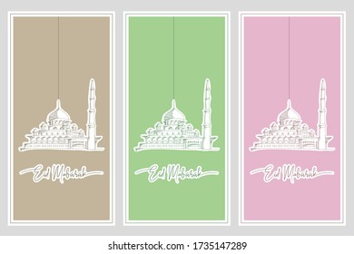 Eid mubarak banner design. Vector illustration of a mosque in a hand sketch papercut style in three color variations.