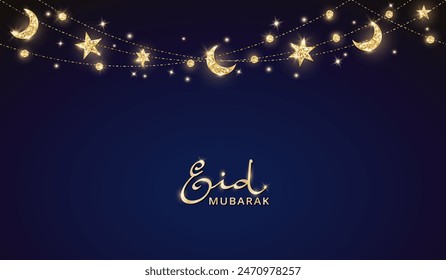 Eid mubarak banner with glitter decoration. Garland with hanging crescents and stars. Golden islamic ornaments. Muslim holidays border, frame. Ramadan or Al-Adha background.