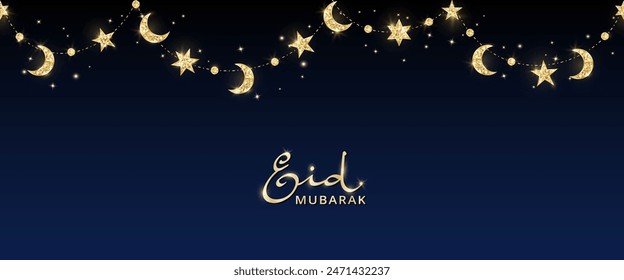 Eid mubarak banner with glitter decoration. Garland with hanging crescents and stars. Golden islamic ornaments. Muslim holidays border, frame. Ramadan or Al-Adha background.