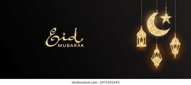 Eid mubarak banner with glitter decoration. Garland with hanging crescents, stars and lanterns. Golden islamic ornaments. Muslim holidays border, frame. Ramadan or Al-Adha background.