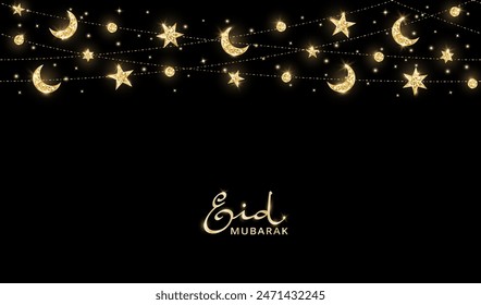 Eid mubarak banner with glitter decoration. Garland with hanging crescents and stars. Golden islamic ornaments. Muslim holidays border, frame. Ramadan or Al-Adha background.