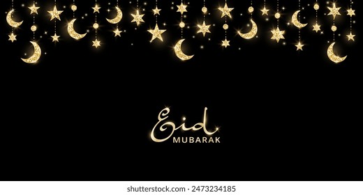 Eid mubarak banner with glitter decoration. Garland with hanging crescents and stars. Golden islamic ornaments. Muslim holidays border, frame. Ramadan or Al-Adha background.