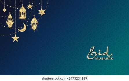 Anuncio Eid Mubarak con decoración brillante. Guirnalda con medias lunas colgantes, estrellas y linternas. Adornos islámicos dorados. Frontera de las fiestas musulmanas, marco. Antecedentes de Ramadán o Al-Adha.