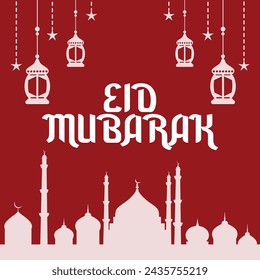 "Eid Mubarak" banner greeting card design. Arabic Eid concept vector illustration Typography on a red background with Mosque and hanging lantern, stars for the Holy month of the Muslim community.