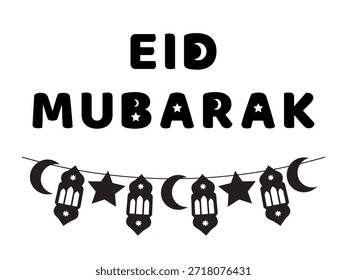 Anuncio Eid Mubarak con faroles colgantes y Elementos decorativos. Ilustración vectorial islámica mínima sobre fondo blanco