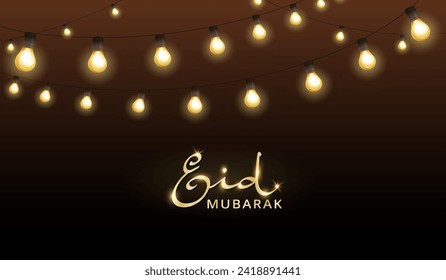 Eid Mubarak banner with hanging light bulbs decoration. Muslim holidays garland, festive frame. Ramadan and Al Adha vector background. Eid calligraphy in arabic style. Vector.