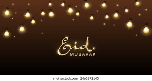 Eid Mubarak banner with hanging light bulbs decoration. Muslim holidays garland, festive frame. Ramadan and Al Adha vector background. Eid calligraphy in arabic style. Vector.