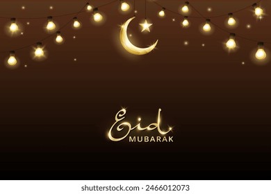 Eid Mubarak banner with hanging light bulbs and crescent decoration. Muslim holidays garland, festive frame. Ramadan and Al Adha vector background. Eid calligraphy in arabic style. Vector.