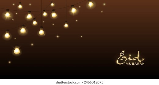 Eid Mubarak banner with hanging light bulbs decoration. Muslim holidays garland, festive frame. Ramadan and Al Adha vector background. Eid calligraphy in arabic style. Vector.