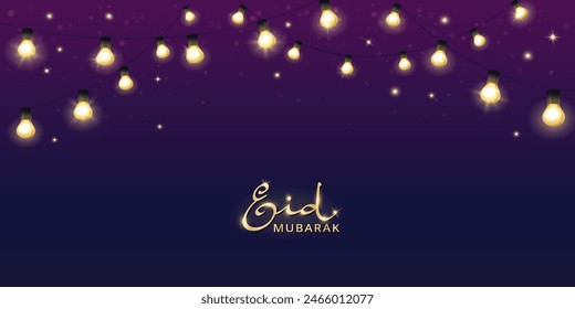 Anuncio Eid Mubarak con decoración de bombillas colgantes. Guirnalda de las fiestas musulmanas, marco festivo. Ramadán y fondo del Vector Al Adha. Caligrafía de Eid en estilo árabe. Vector.